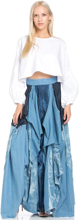 Romantic Boho Blue Denim Asymmetrical Tov The Damsel`s Maxi Skirt