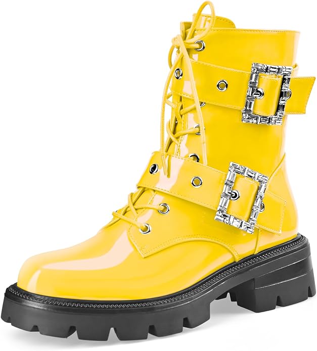 Cool Vibrant Yellow Gold Buckle Detail Round Toe Combat Ankle Boots