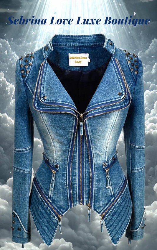 Edgy Blue Denim Studded Rocker Biker Jacket