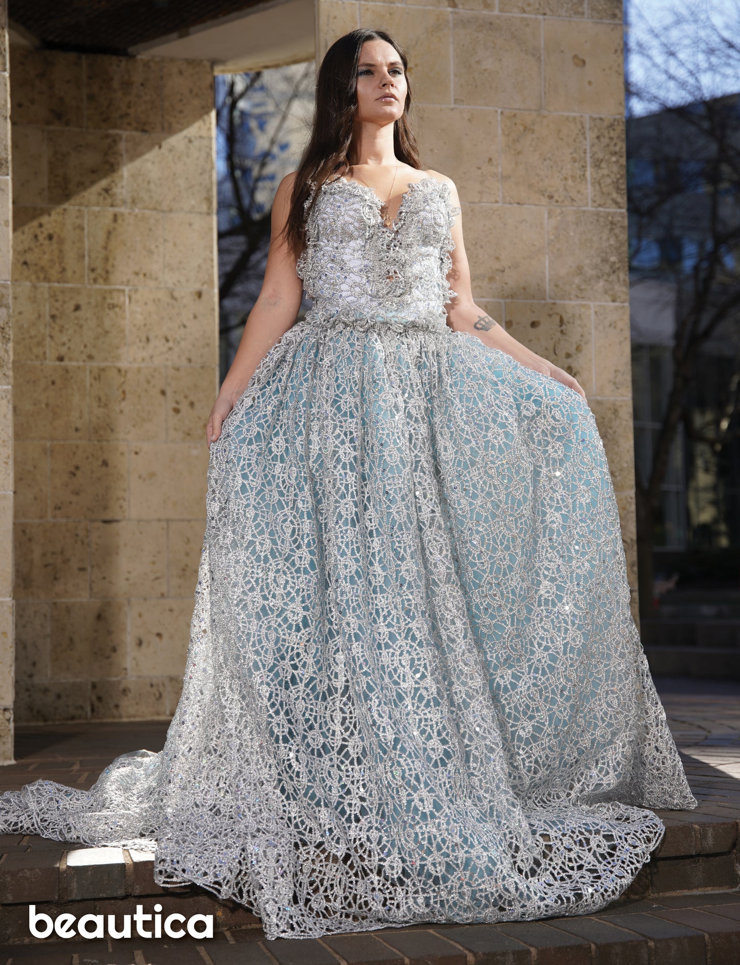 "NIVIA" Silver Lace, Crystal & Blue Tulle Wedding Ballgown Set