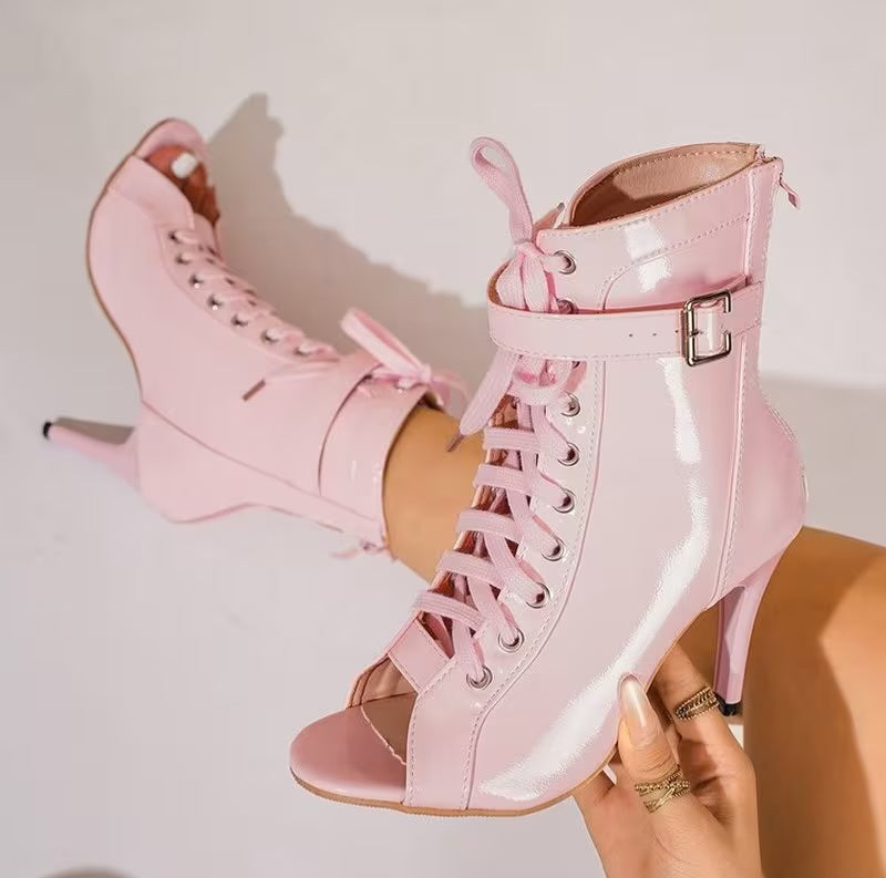 Chic Soft Pink Peeptoe Lace-up Boots (PRE-ORDER)