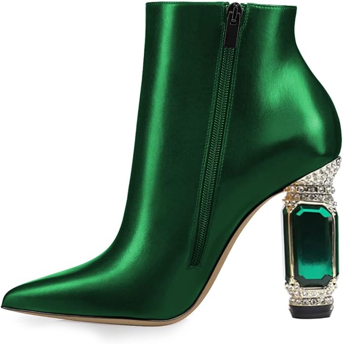 Beautified Green Bejeweled Heel Ankle Boots