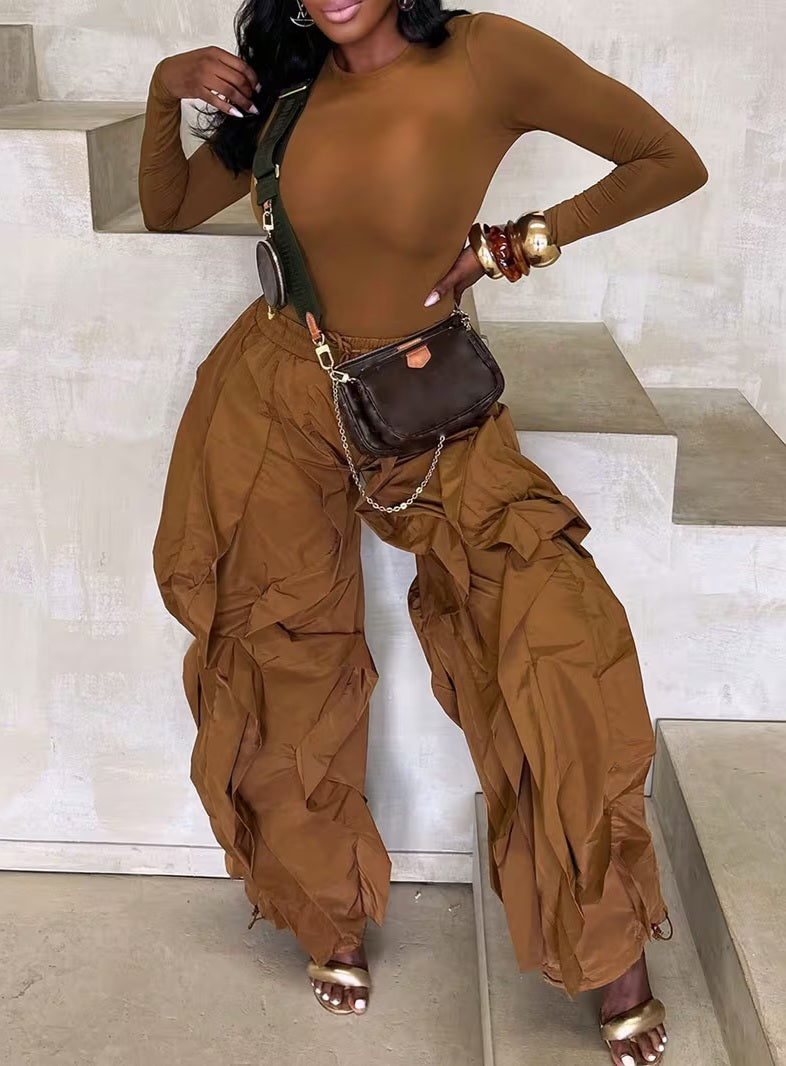 Luxe Walnut Brown Ruffled Boho Flowy Wide Leg Pants