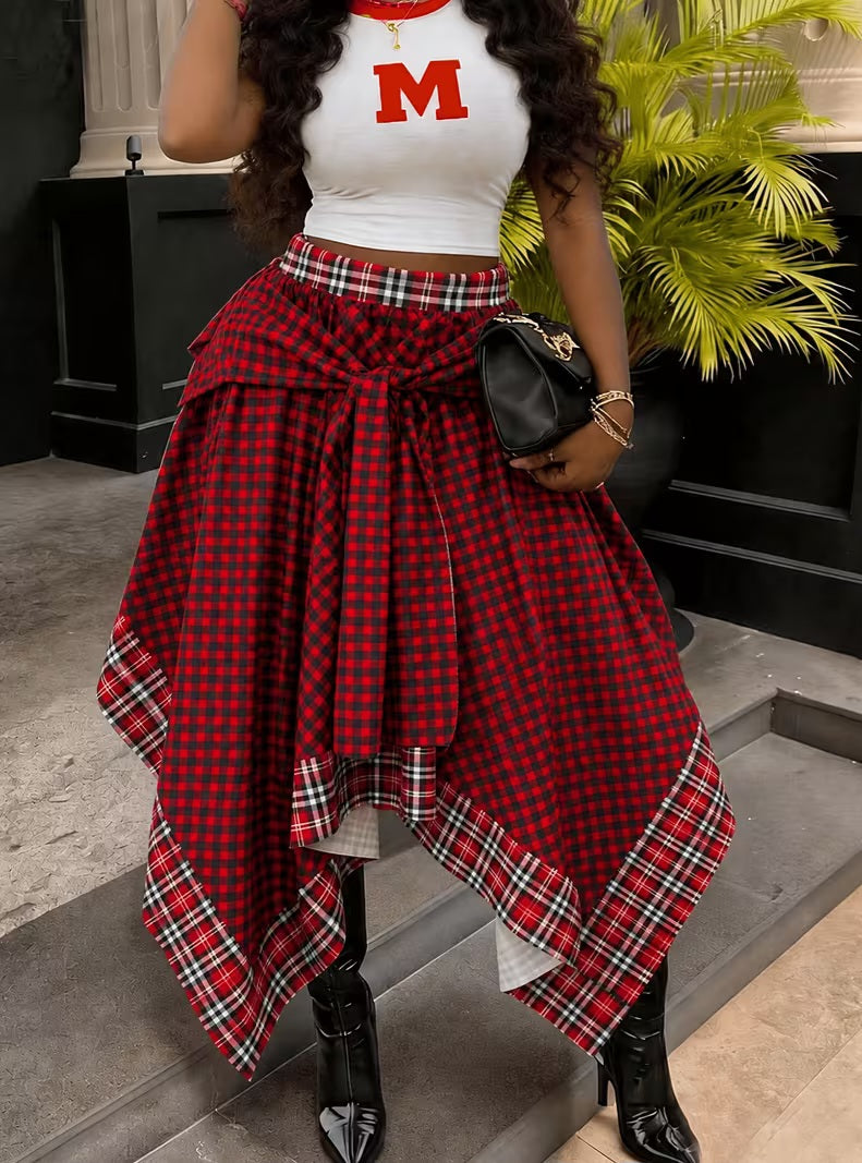Grunge Goth Red & Black Plaid Asymmetrical Handkerchief Midi Maxi Skirt