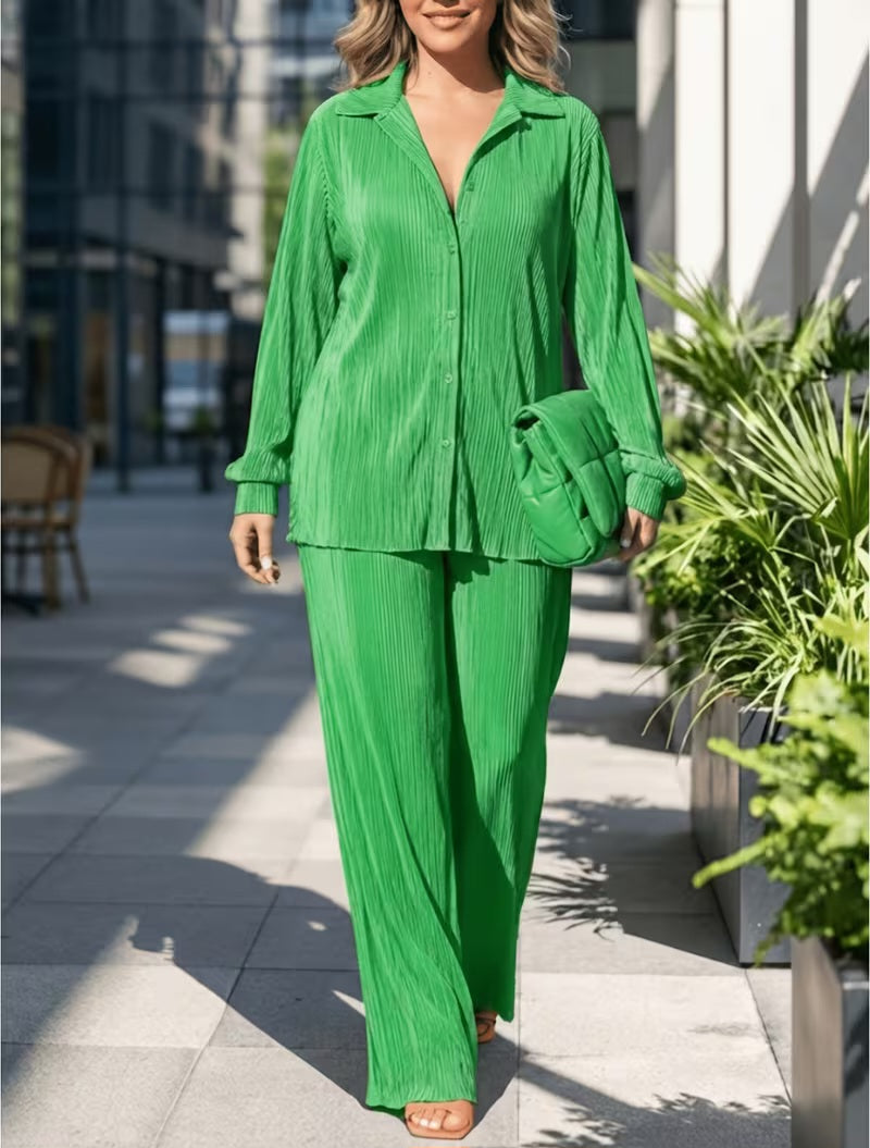 Chic Kelly Green Pleated Tunic Button Closure & Pants Set