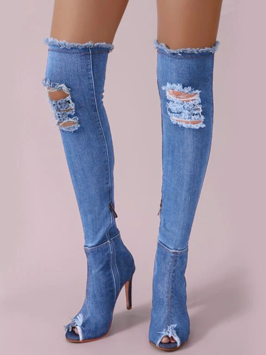 Sexy Boho Peeptoe Distressed Denim Over The Knee Boots