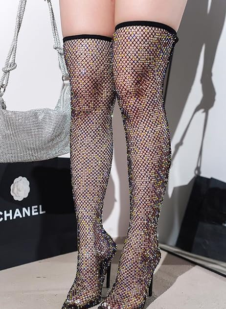 Sexy Black Multicolor Rhinestone Crystal Mesh Thigh Boots