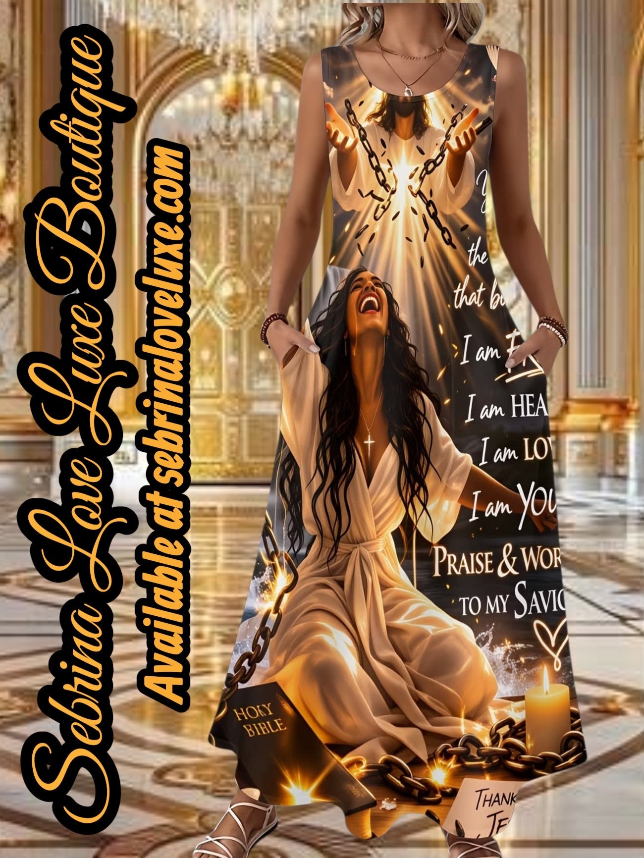 "JESUS BREAKING CHAINS" Black & Gold Inspirational Scripture Maxi Dress