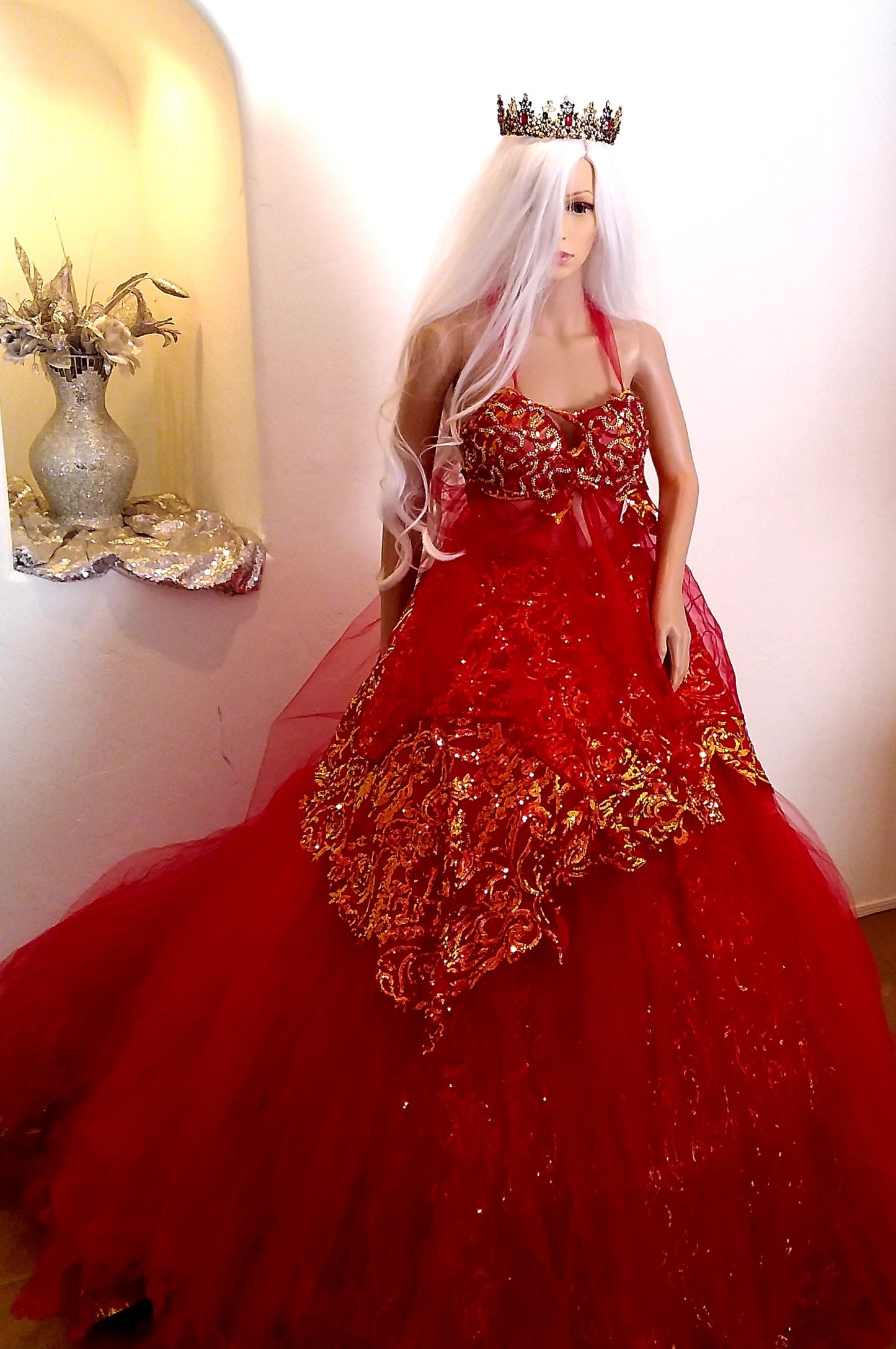 The ❤️‍🔥SHYLOH❤️‍🔥 Red & Gold Embroidered Sequined Crystal Lace & Tulle Wedding Ballgown Set