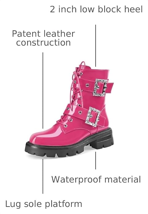 Cool Hot Pink Buckle Detail Round Toe Combat Ankle Boots (PRE-ORDER)