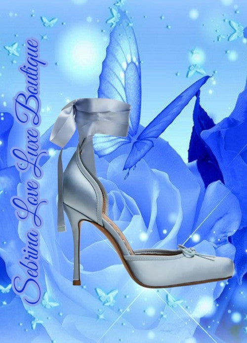 Romantic Baby Blue Satin Ribbon Ankle Tie Ballerina Heels