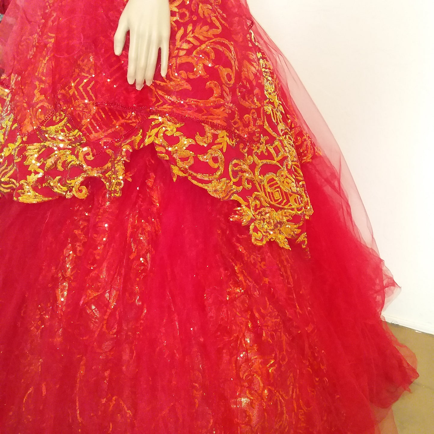 The ❤️‍🔥SHYLOH❤️‍🔥 Red & Gold Embroidered Sequined Crystal Lace & Tulle Wedding Ballgown Set