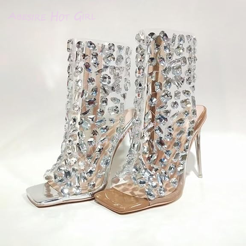 Beautiful Rhinestone Crystal Diamante Peeptoe Ankle Booties