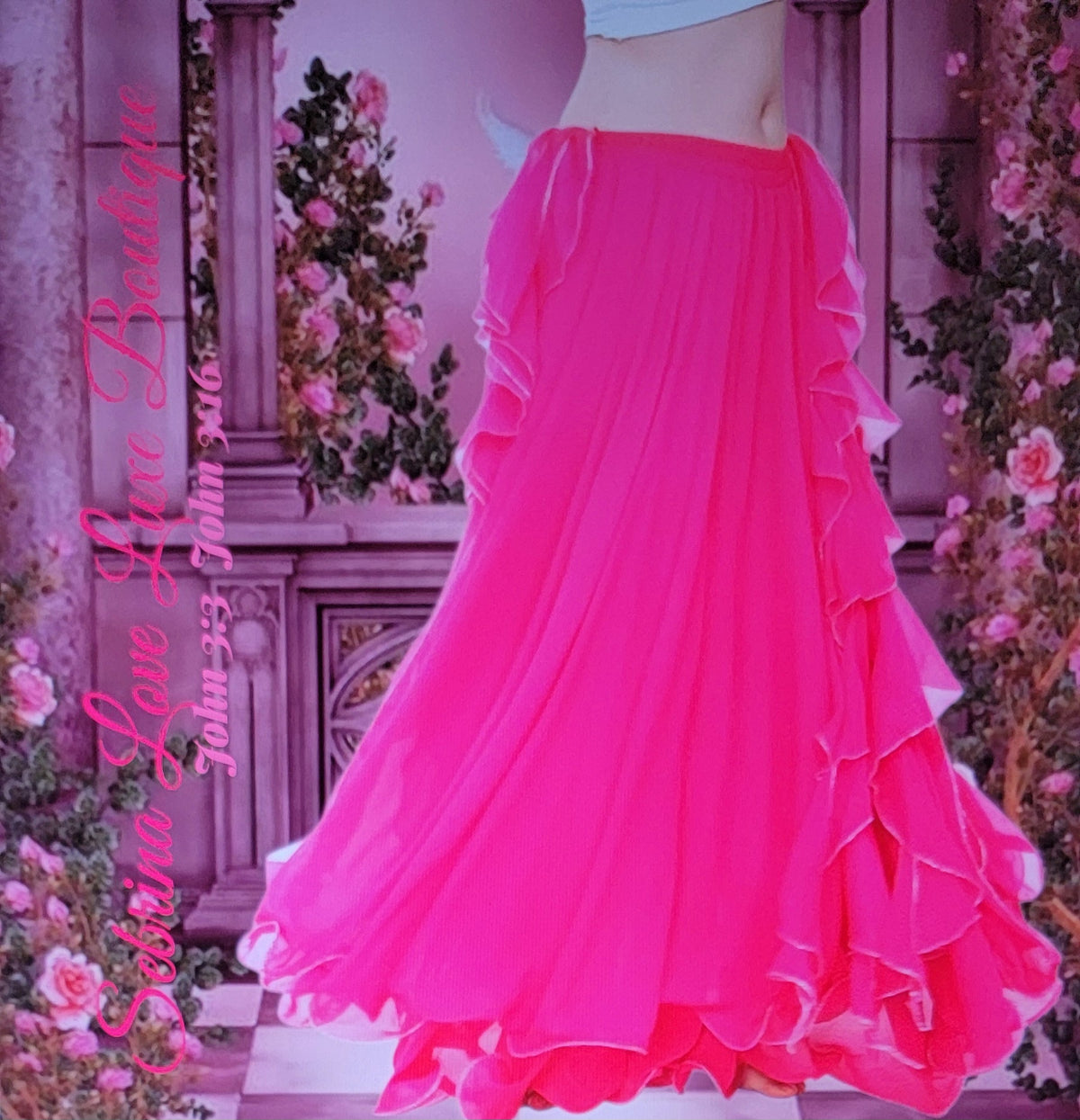 Exotic Hot Pink Chiffon Ruffled Boho Bellydance Maxi Skirt
