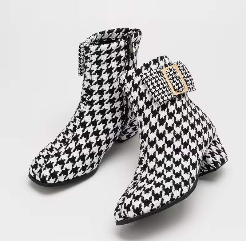 Classic Black & White Houndstooth Buckle Detail Low Block Heel Ankle Booties