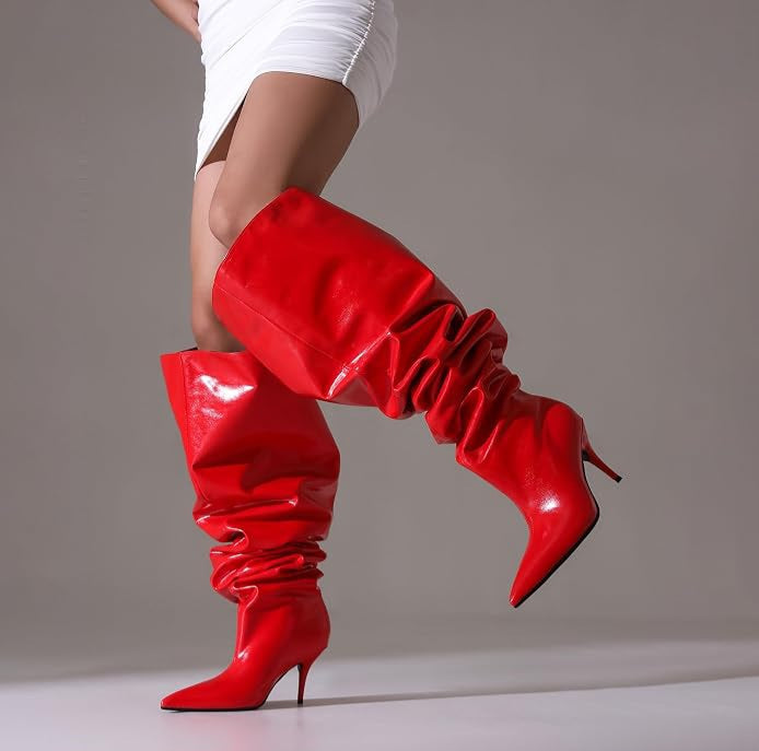 Sexy Red Faux Patent Leather Slouchy Thigh Boots
