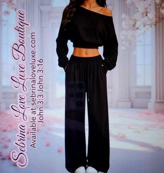 Cozy Black Cropped Sweatshirt & Wide Leg Jogger Set