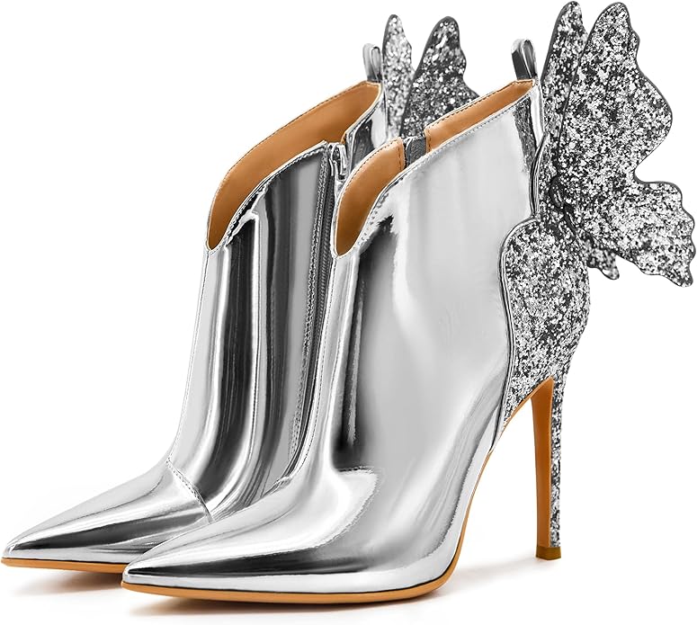 Silver Butterfly Sparkly Stiletto Ankle Boots