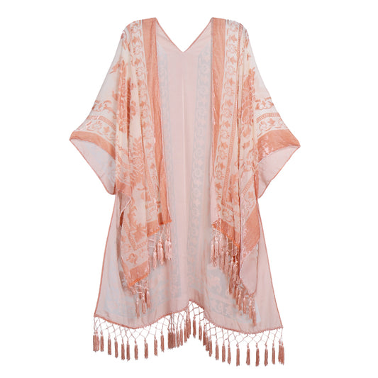 Boho Festival Blush Burnout Velvet Kimono long Shawl with Tassel Beach Cover-up Luxury Shawl