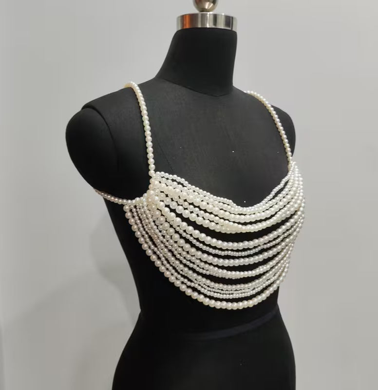 Luxe Draped Faux Pearl Multi Strand Bejeweled Backless Bralette Top Body Jewelry
