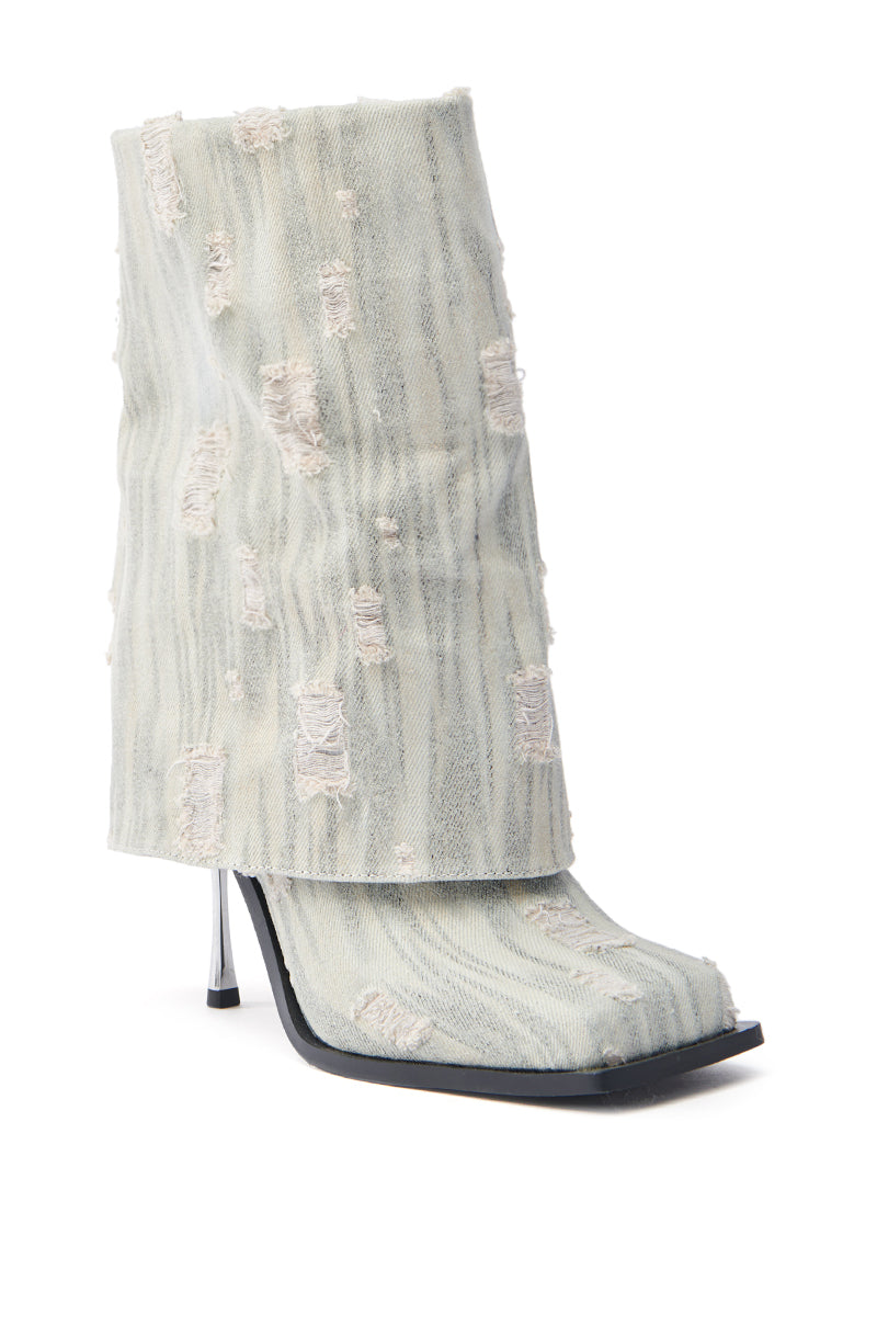 Chic Light Wash Blue Gray Distressed Denim Stiletto Heel Mid Calf Boots
