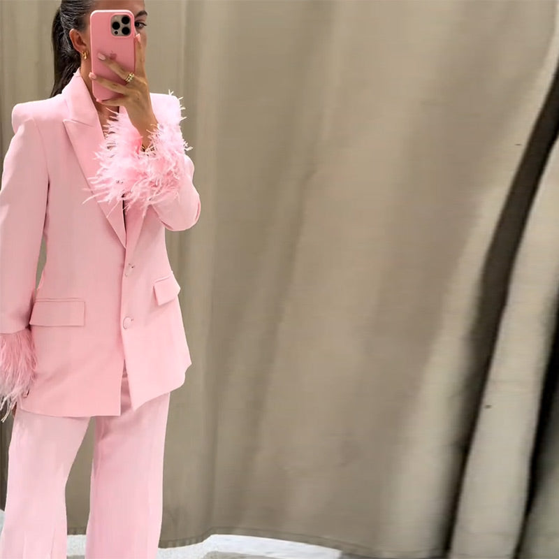 Beautiful Baby Pink Feather Cuff Blazer Jacket & Pants Suit Set