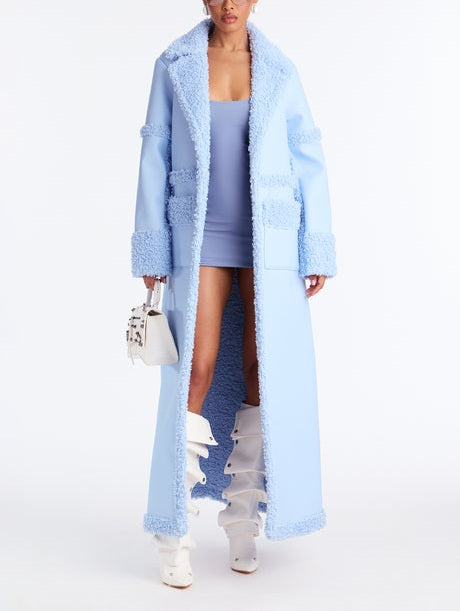 Luxe Baby Blue Faux Leather Faux Shearling Trim Maxi Coat