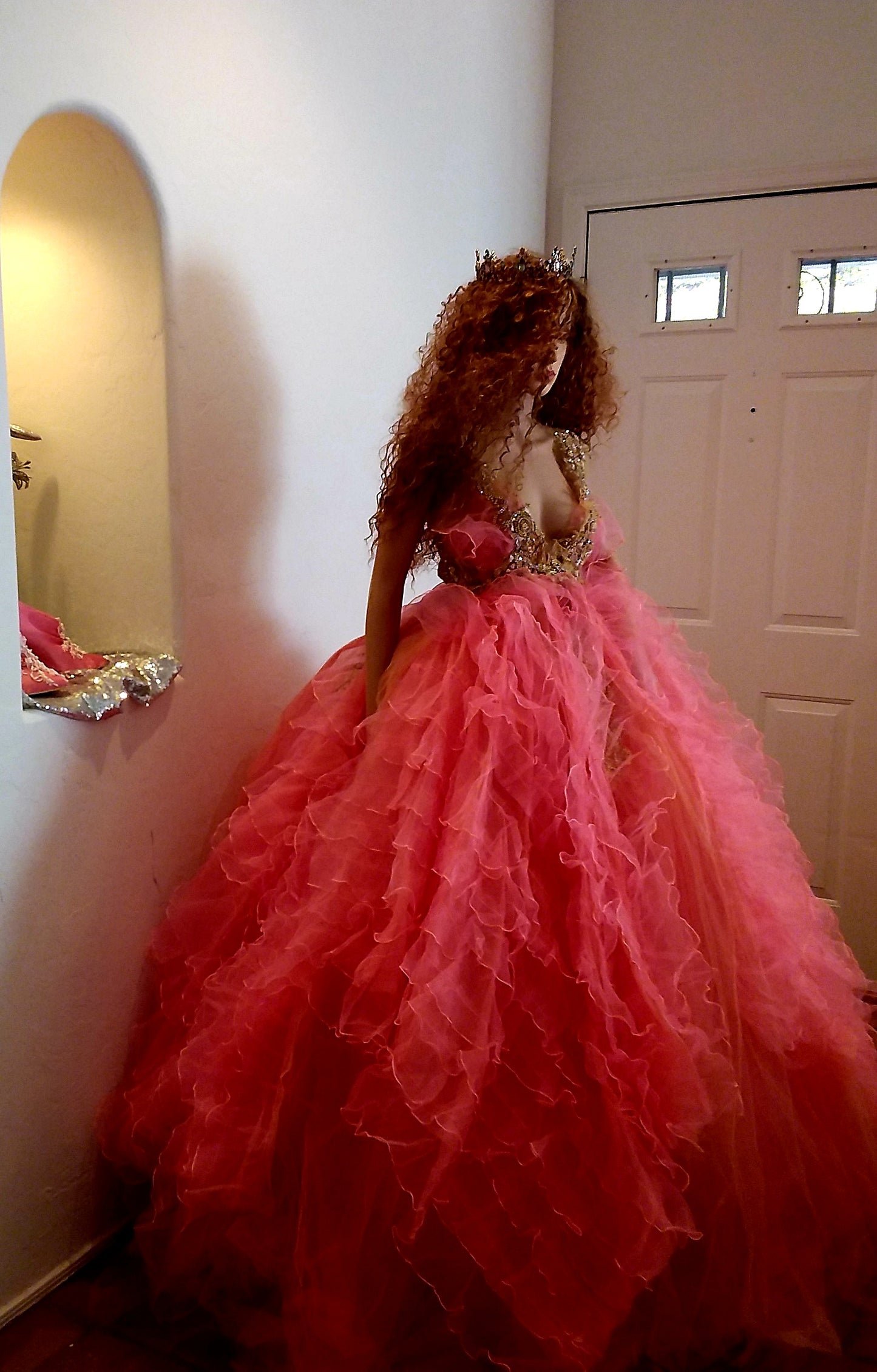 🌺LEXINGTON🌺 Coral & Gold Embroidered Lace Organza Wedding Ballgown Set