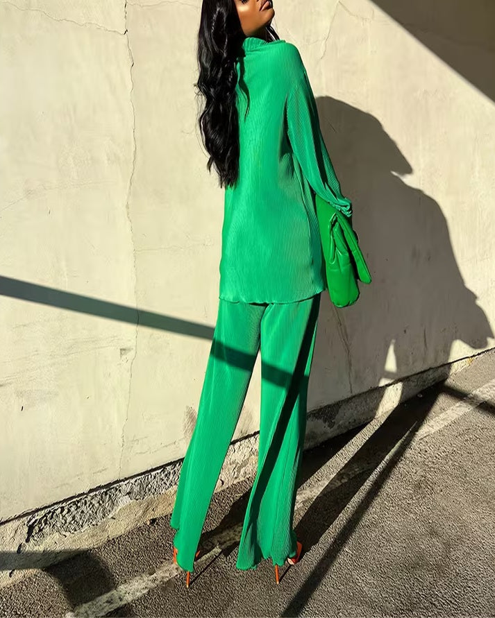 Chic Kelly Green Pleated Tunic Button Closure & Pants Set