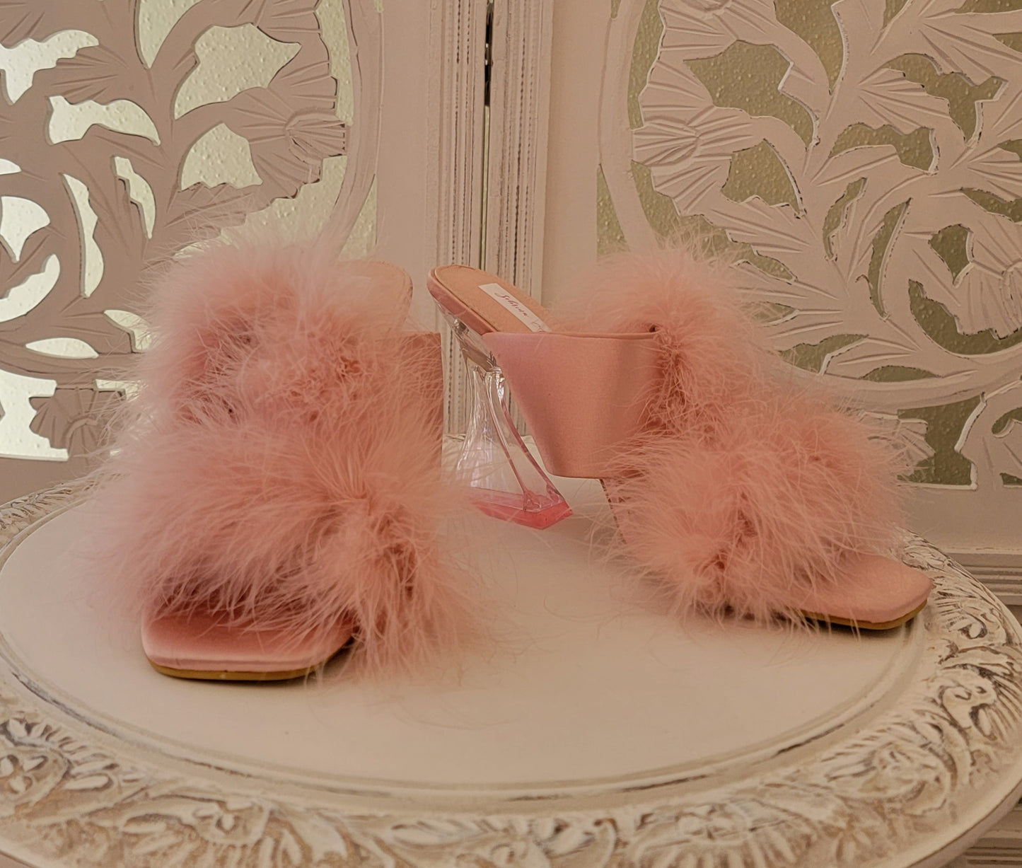 "LADY HELENA" Blush Feather Crystal Satin Clear Heel Mules