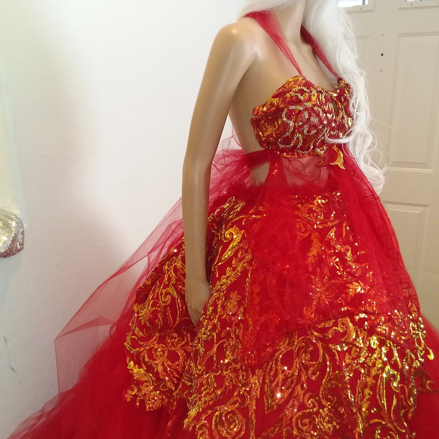 The ❤️‍🔥SHYLOH❤️‍🔥 Red & Gold Embroidered Sequined Crystal Lace & Tulle Wedding Ballgown Set