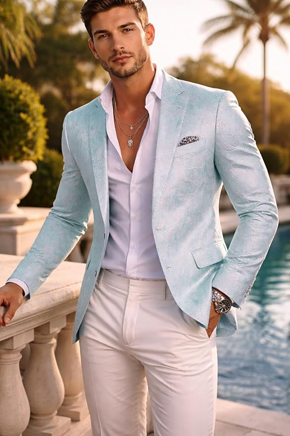Elegant Ocean Blue Brocade Dinner Formal Jacket