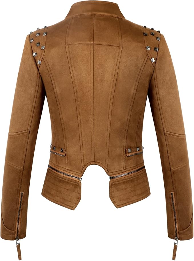 Edgy Walnut Brown Studded Faux Suede Rocker Biker Jacket