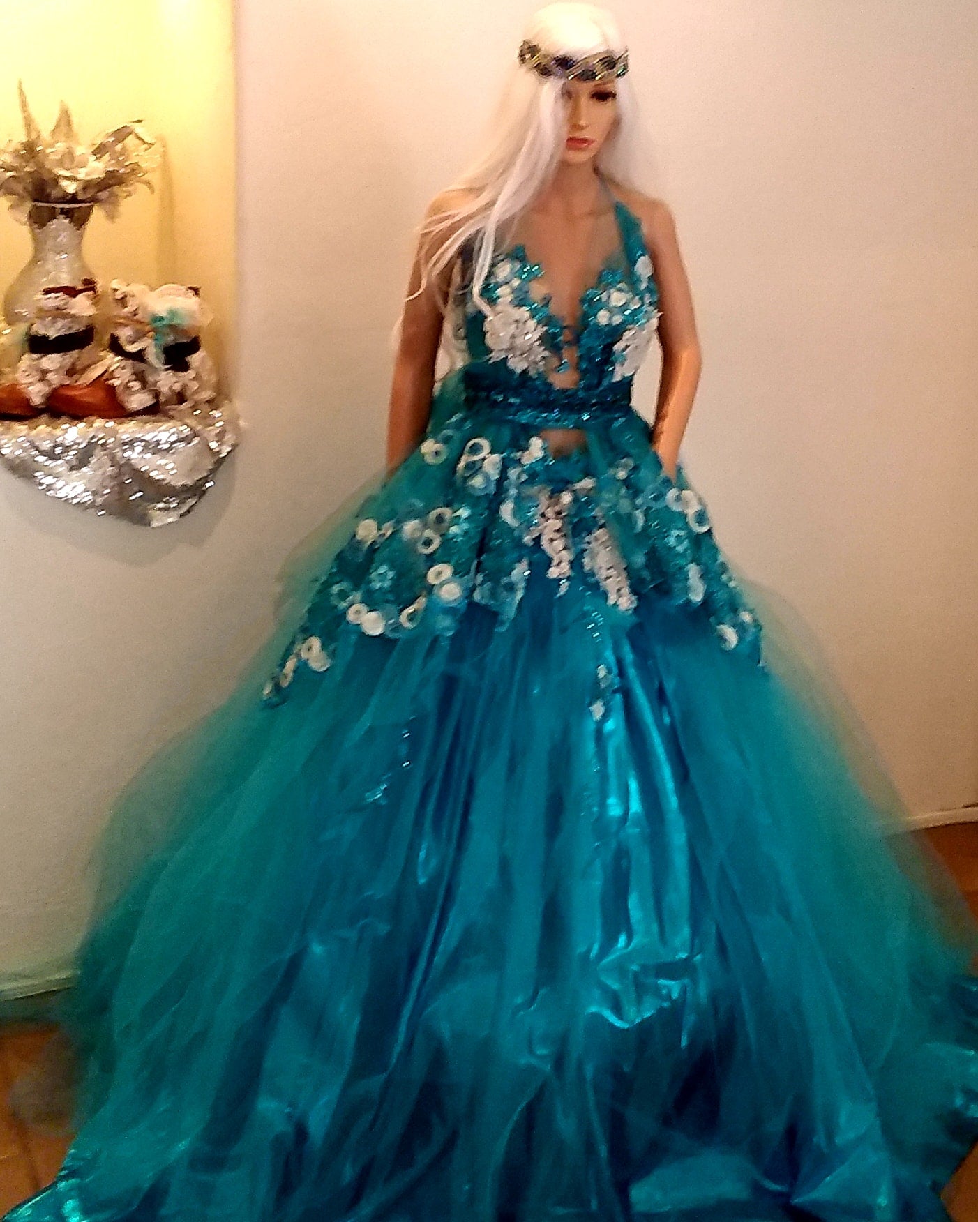 "TAMALA" Turquoise Blue & White Lace & Tulle Wedding Ballgown Set (Custom Order)