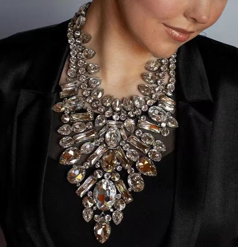Luxe Vintage Inspired Crystal Diamante Rhinestone Bejeweled Statement Gold Color Choker Necklace & Earrings Set