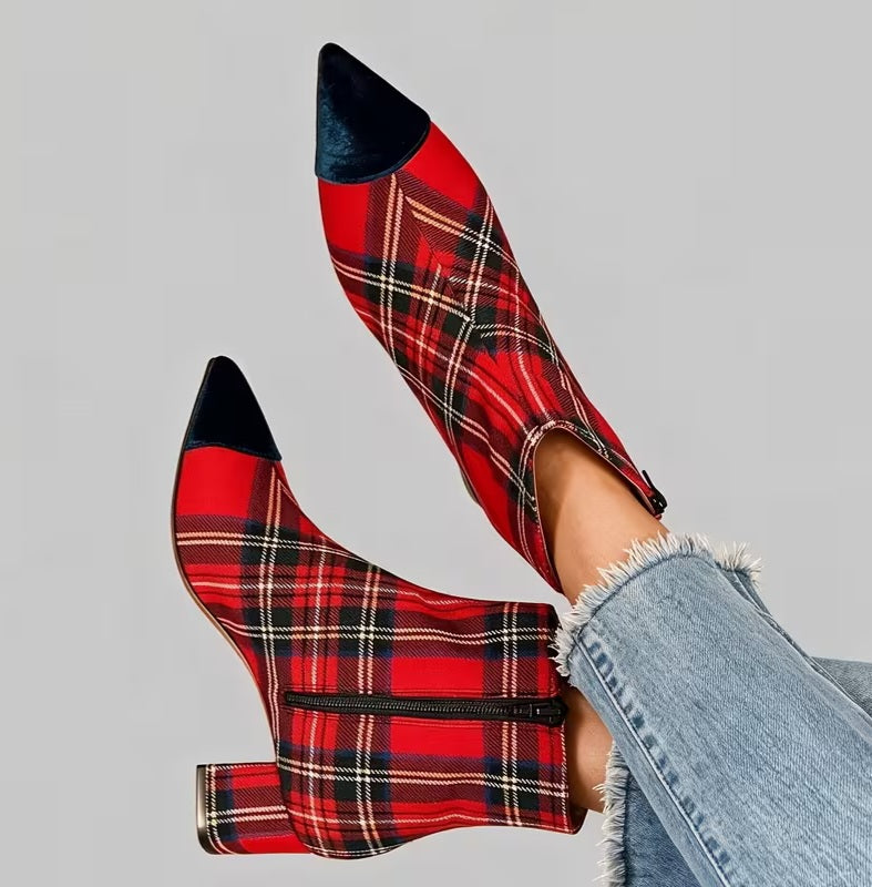 Scottish Inspired Red Stewart Plaid Velvet Toe Ankle Boots