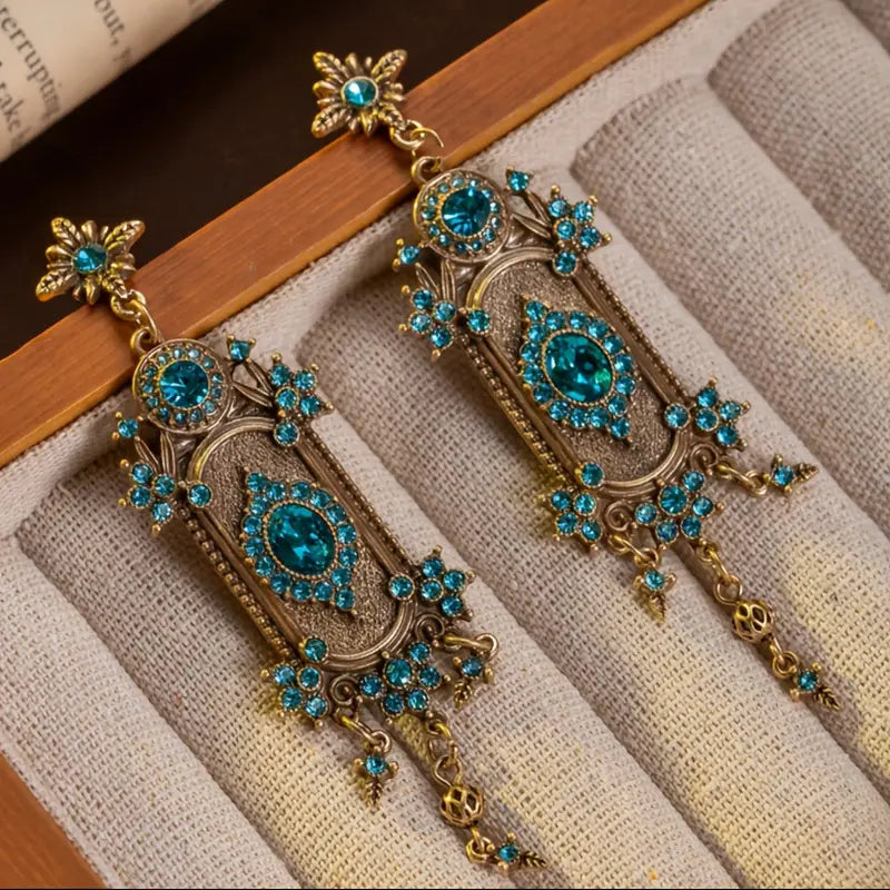 Vintage Inspired Ocean Blue Rhinestone Crystal Bejeweled Chandelier Earrings