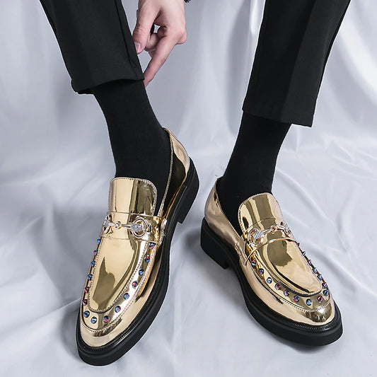 Men's Metallic Gold Mirror Multicolor Jewel Spiked Loafers