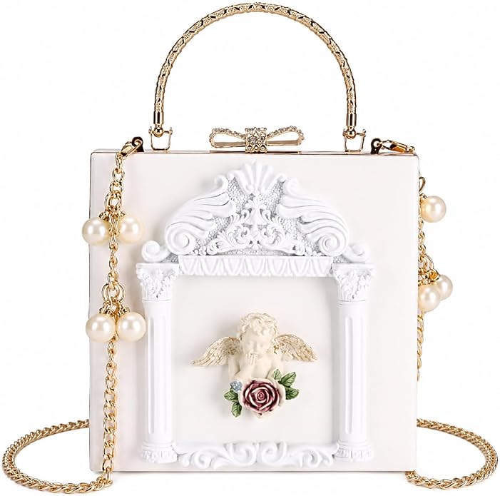 Elegant Ethereal Romance White & Gold Angel Handbag Clutch Purse