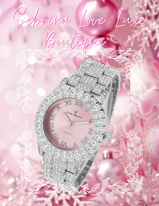 Elegant Silver & Pink Diamante Crystal Bling Watch