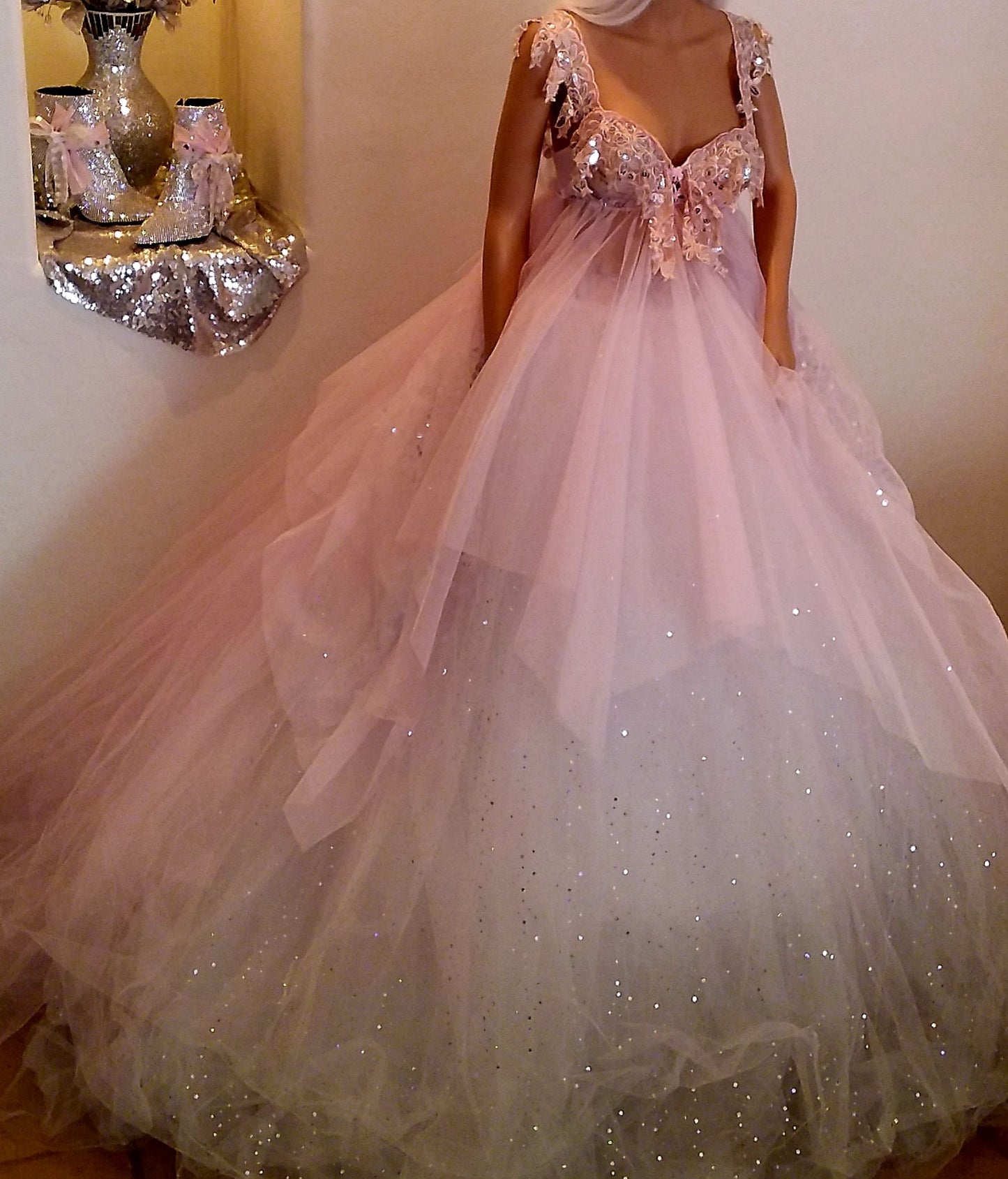 "TINSLEY" Silver, White & Pink Lace & Tulle Wedding Ballgown Set