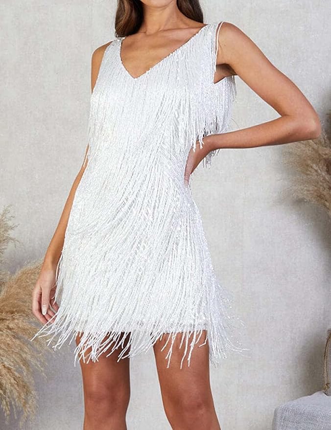 Sexy White Fringe Gatsby Party Dress