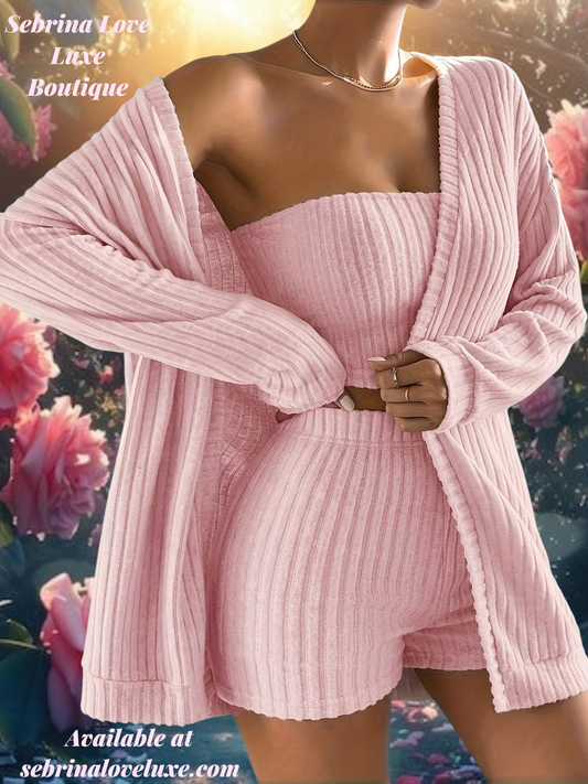 Cute & Cozy Light Pink 3 Piece Sweater, Bandeau Top & Shorts Set