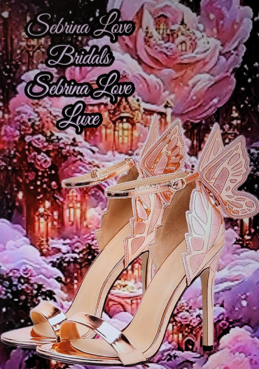 Fairy Champagne Rose Gold Sparkling Butterfly Ankle Strap Sandal Heels