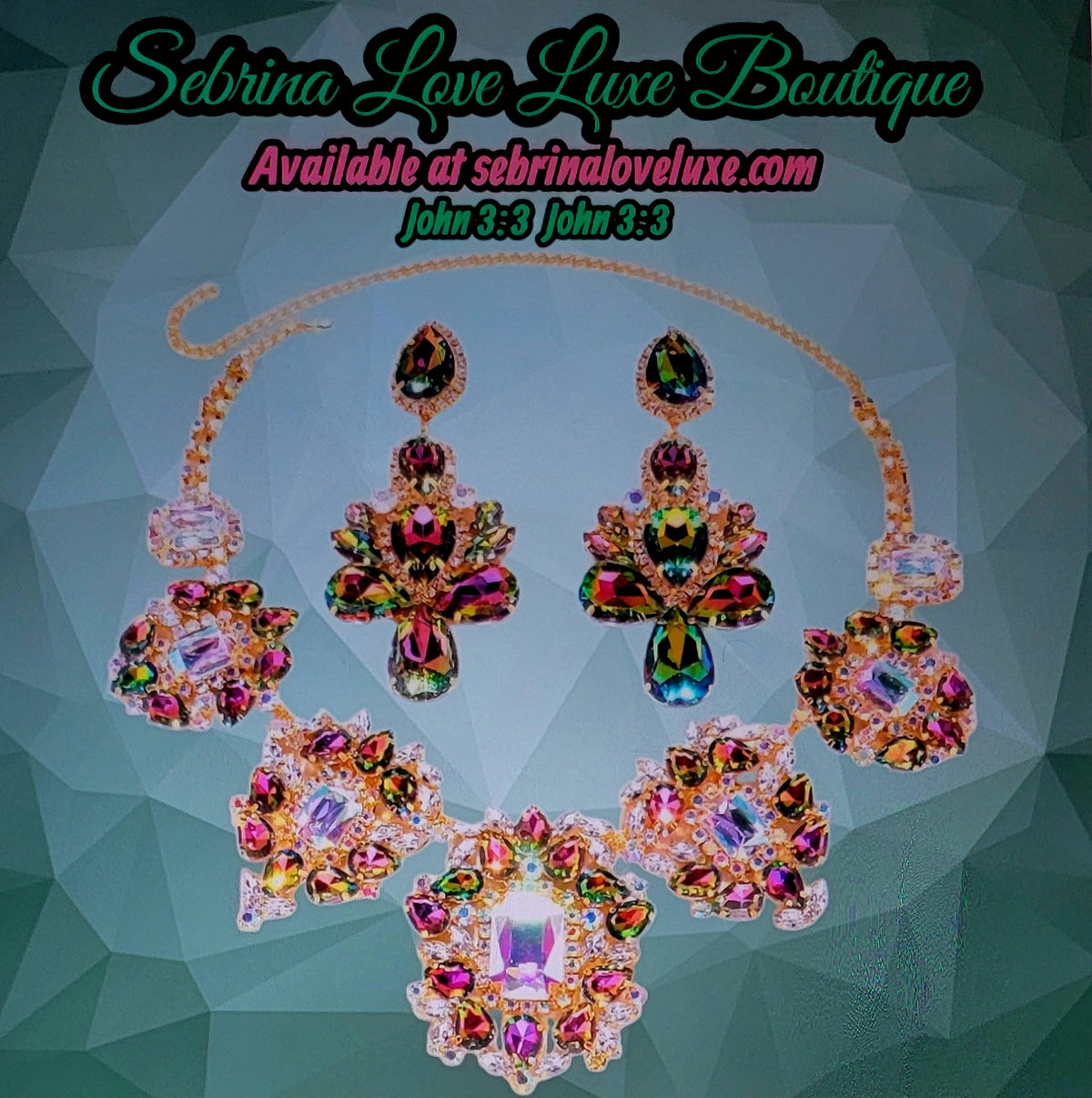 Luxe Vintage Inspired Multicolor AB Crystal Diamante Rhinestone Bejeweled Choker Necklace & Earrings Set