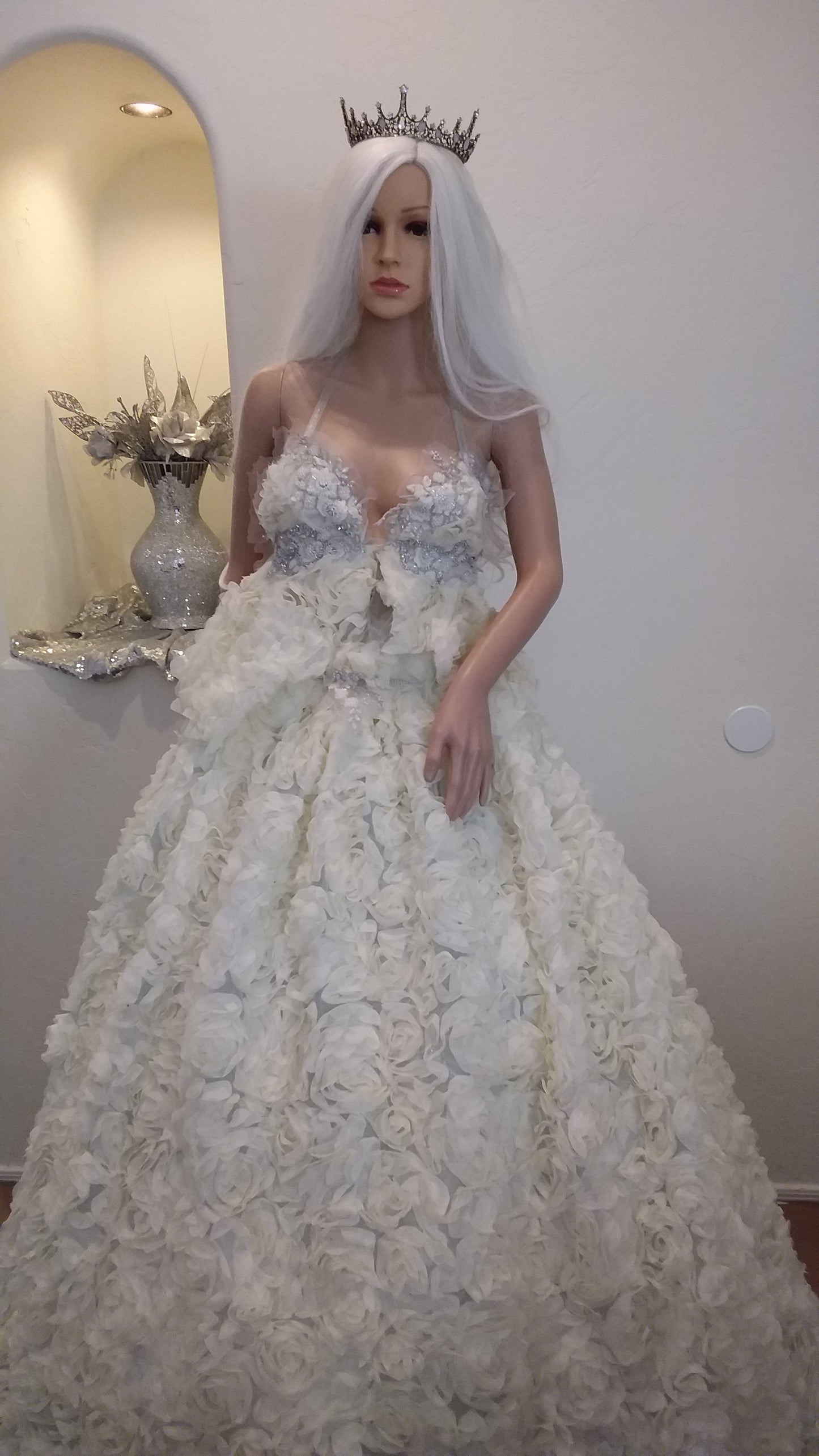 "CELINE" Ivory 3D Chiffon Rosette Lace Crystal Wedding Ballgown Set