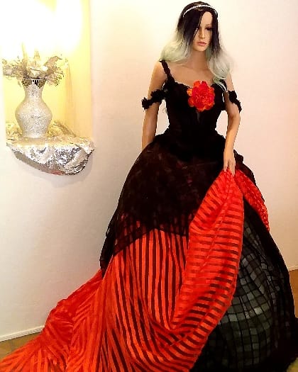 "DRUNELLA" Custom Order Gothic Romance Orange & Black Lace & Tulle Wedding Ballgown Set