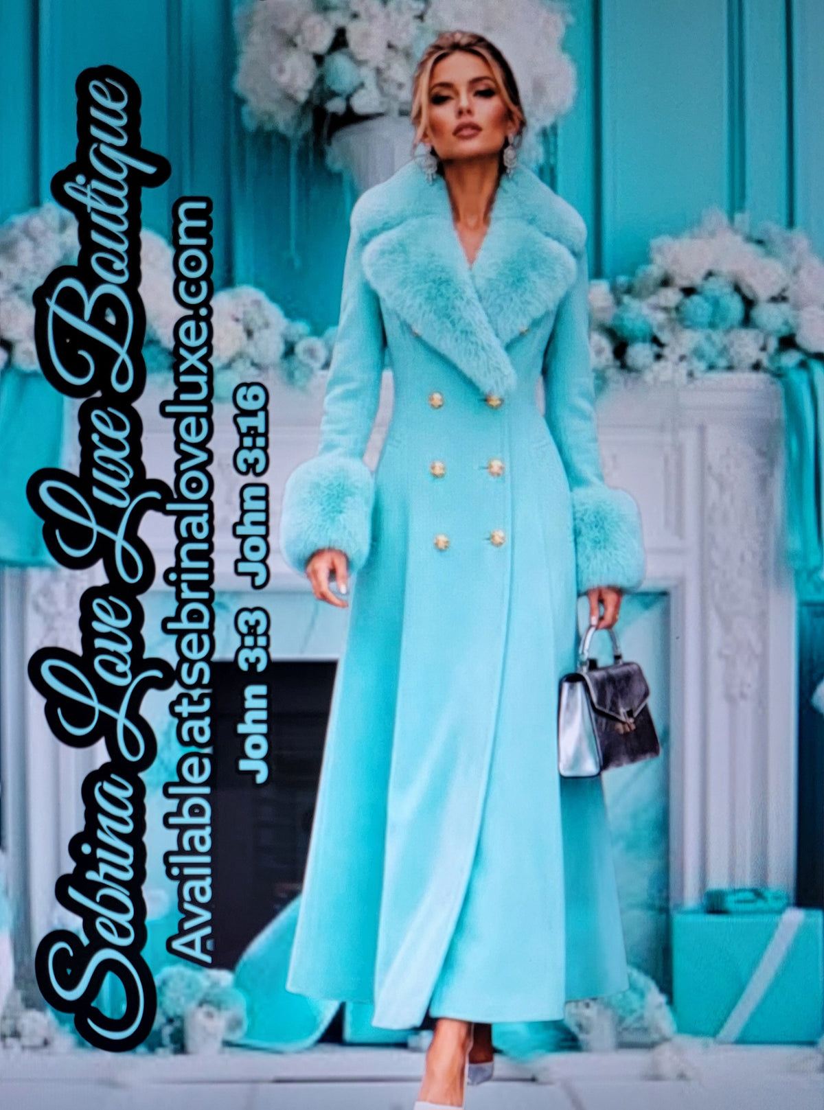 Luxe Ocean Aqua Blue Mint Green Faux Fur Trim Midi Coat