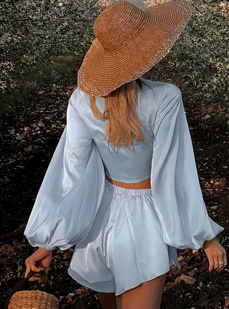 Flirty Powder Blue Tie Front Crop Top & Floaty Shorts Set