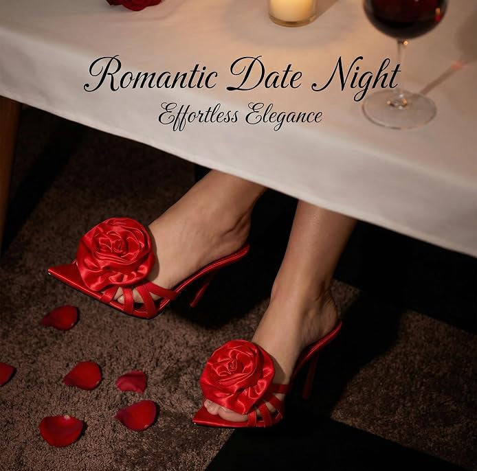 Flirty Romantic Red Satin Rose Embellished Mules